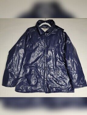 Vintage Duck Bay Heavy PVC Raincoat Flannel Lined Blue Shiny Jacket XL Gorpcore